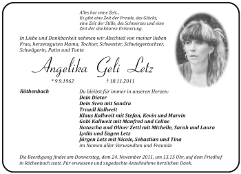 Traueranzeige von Angelika Letz von Pegnitz-Zeitung